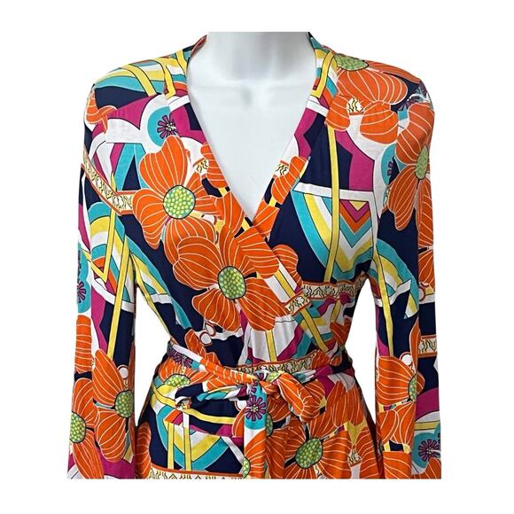 Macbeth Collection by Margaret Josephs Wrap Dress M Bell Sleeve Tropical Floral - Picture 3 of 10